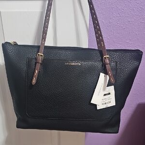 Liz Claiborne Black Pebbled Tote with Brown Straps